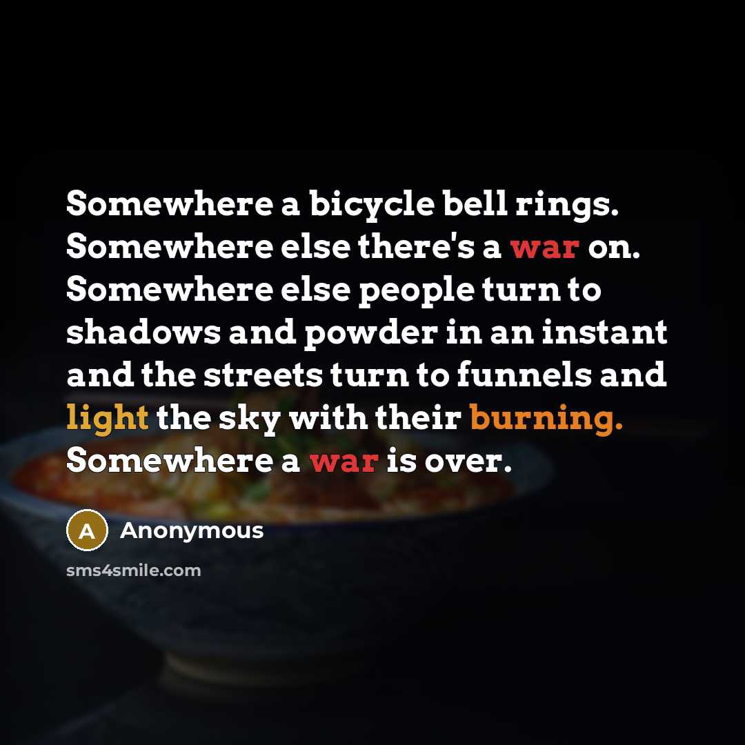“Somewhere a bicycle bell rings. Somewhere else there's a war on. Somewhere else people turn to shadows and powder in an instant and the streets turn to funnels and light the sky with their burning. Somewhere a war is over.” quote by Anonymous