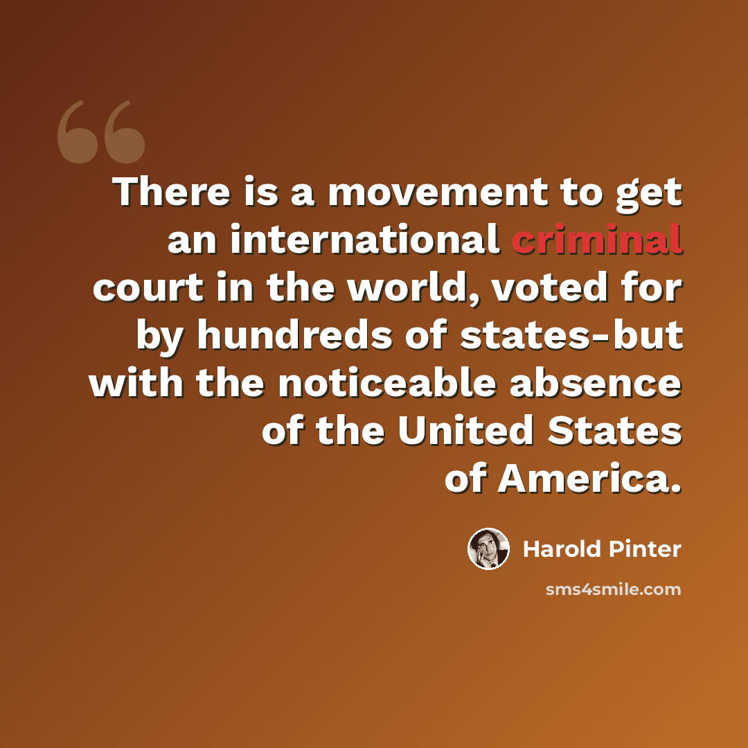 “There is a movement to get an international criminal court in the world, voted for by hundreds of states-but with the noticeable absence of the United States of America.” quote by Harold Pinter