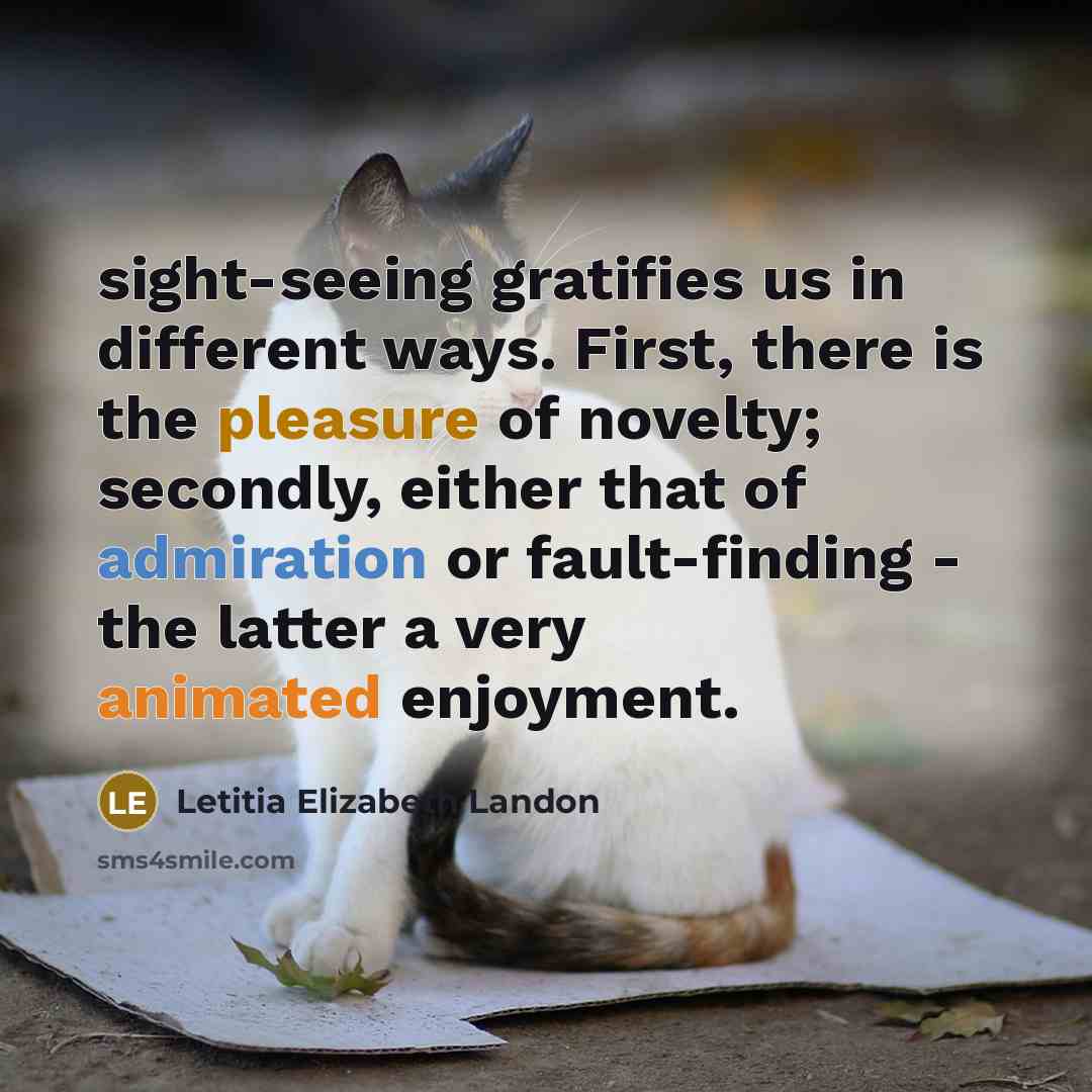 “sight-seeing gratifies us in different ways. First, there is the pleasure of novelty; secondly, either that of admiration or fault-finding - the latter a very animated enjoyment.” quote by Letitia Elizabeth Landon