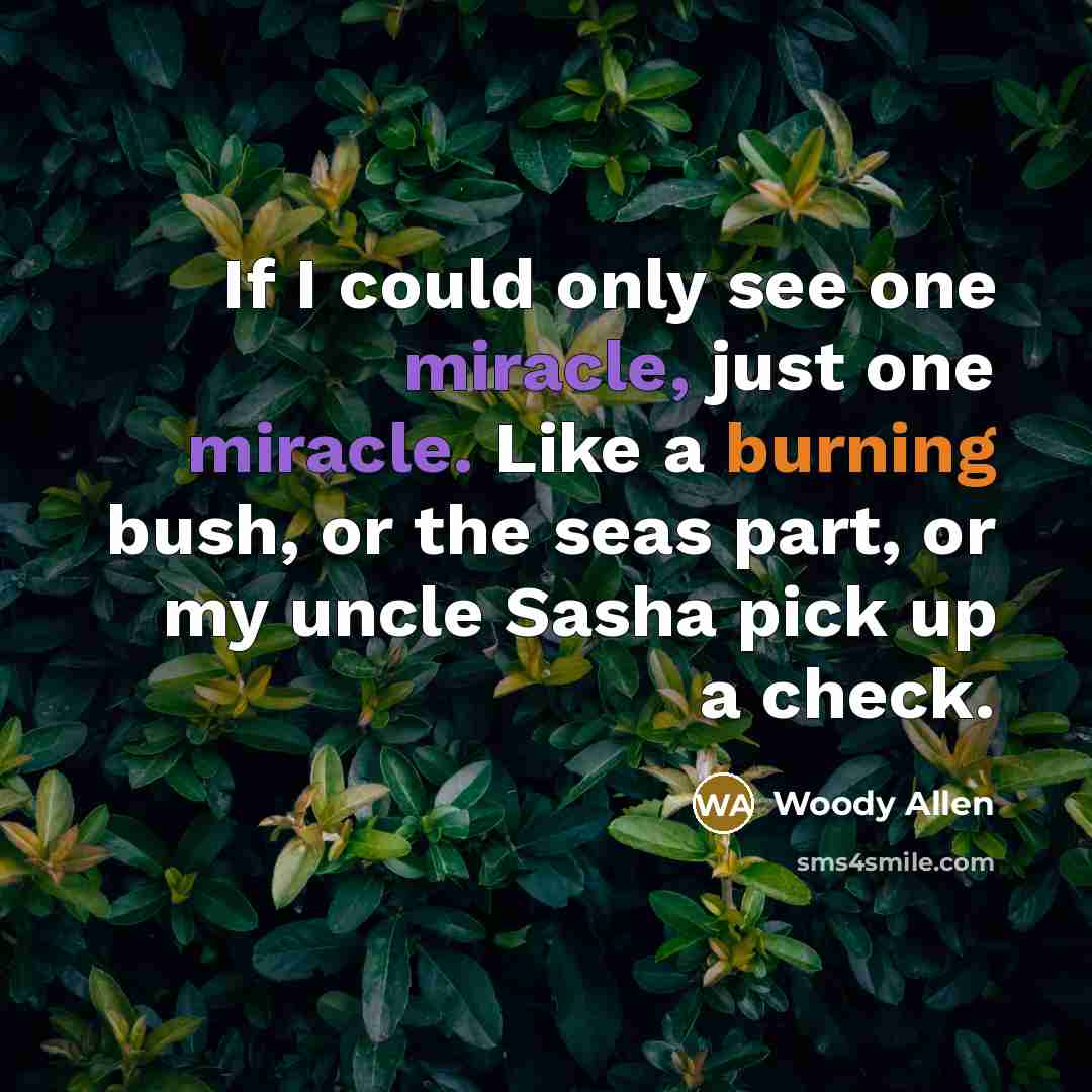 “If I could only see one miracle, just one miracle. Like a burning bush, or the seas part, or my uncle Sasha pick up a check.” quote by Woody Allen