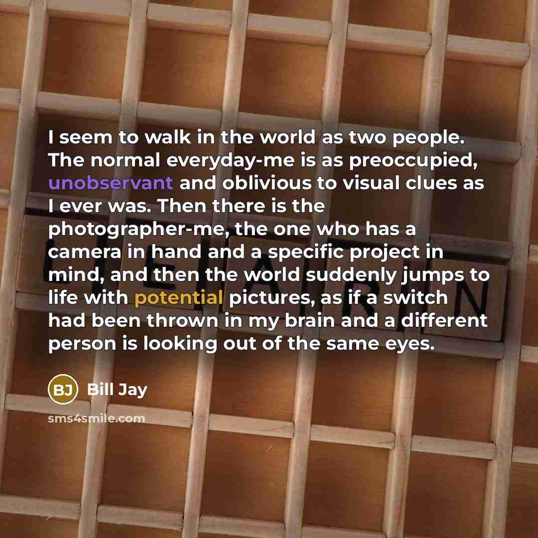 “I seem to walk in the world as two people. The normal everyday-me is as preoccupied, unobservant and oblivious to visual clues as I ever was. Then there is the photographer-me, the one who has a camera in hand and a specific project in mind, and then the world suddenly jumps to life with potential…” quote by Bill Jay