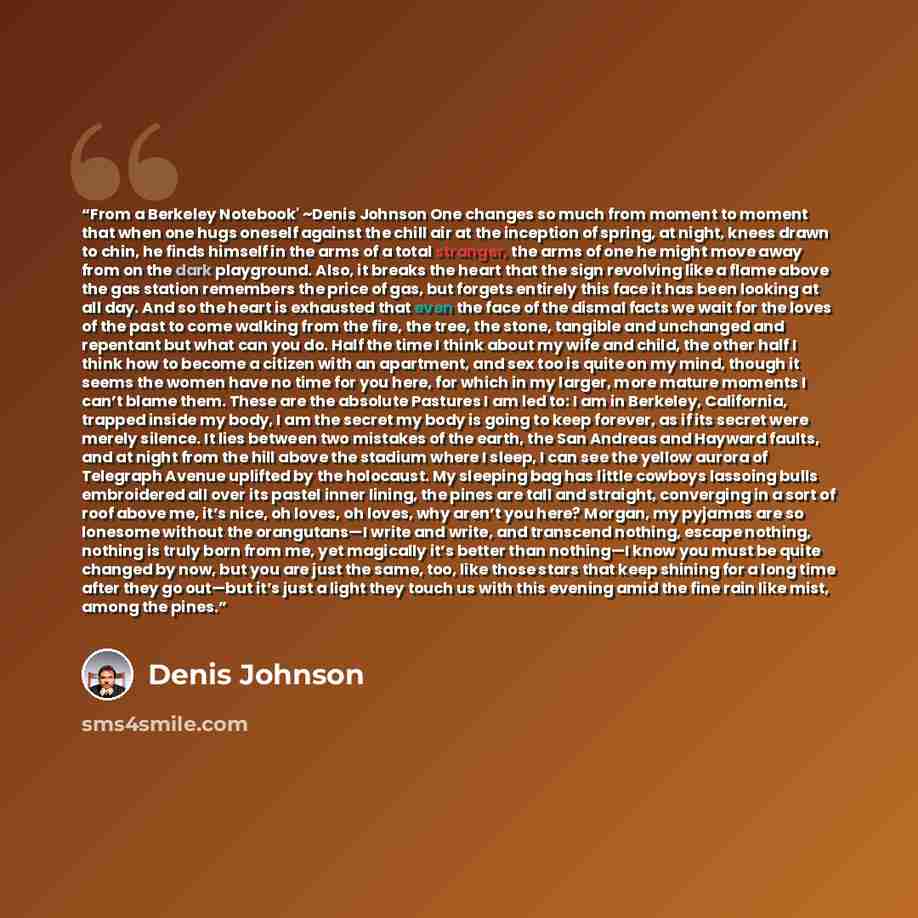 “From a Berkeley Notebook' ~Denis Johnson One changes so much from moment to moment that when one hugs oneself against the chill air at the inception of spring, at night, knees drawn to chin, he finds himself in the arms of a total stranger, the arms of one he might move away from on the dark…” quote by Denis Johnson
