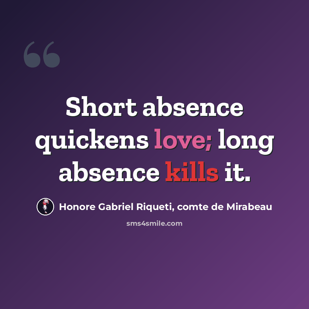 “Short absence quickens love; long absence kills it.” quote by Honore Gabriel Riqueti, comte de Mirabeau