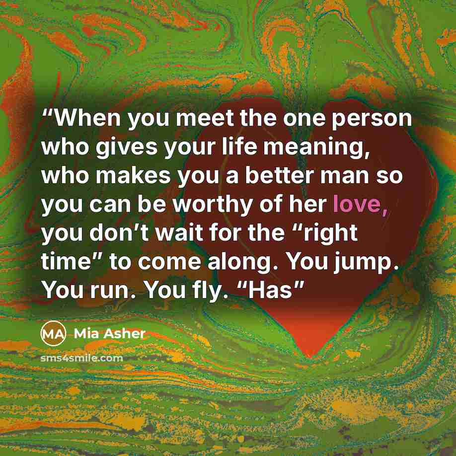 “When you meet the one person who gives your life meaning, who makes you a better man so you can be worthy of her love, you don’t wait for the “right time” to come along. You jump. You run. You fly. “Has” quote by Mia Asher