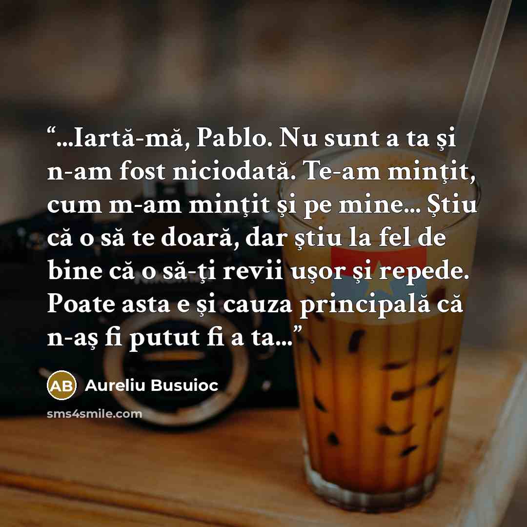 “...Iartă-mă, Pablo. Nu sunt a ta şi n-am fost niciodată. Te-am minţit, cum m-am minţit şi pe mine... Ştiu că o să te doară, dar ştiu la fel de bine că o să-ţi revii uşor şi repede. Poate asta e şi cauza principală că n-aş fi putut fi a ta...” quote by aureliu busuioc