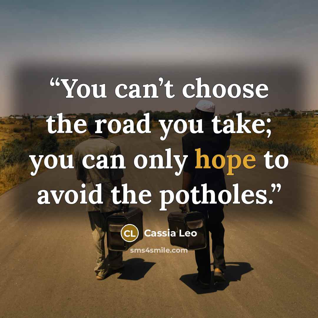 “You can’t choose the road you take; you can only hope to avoid the potholes.” quote by Cassia Leo