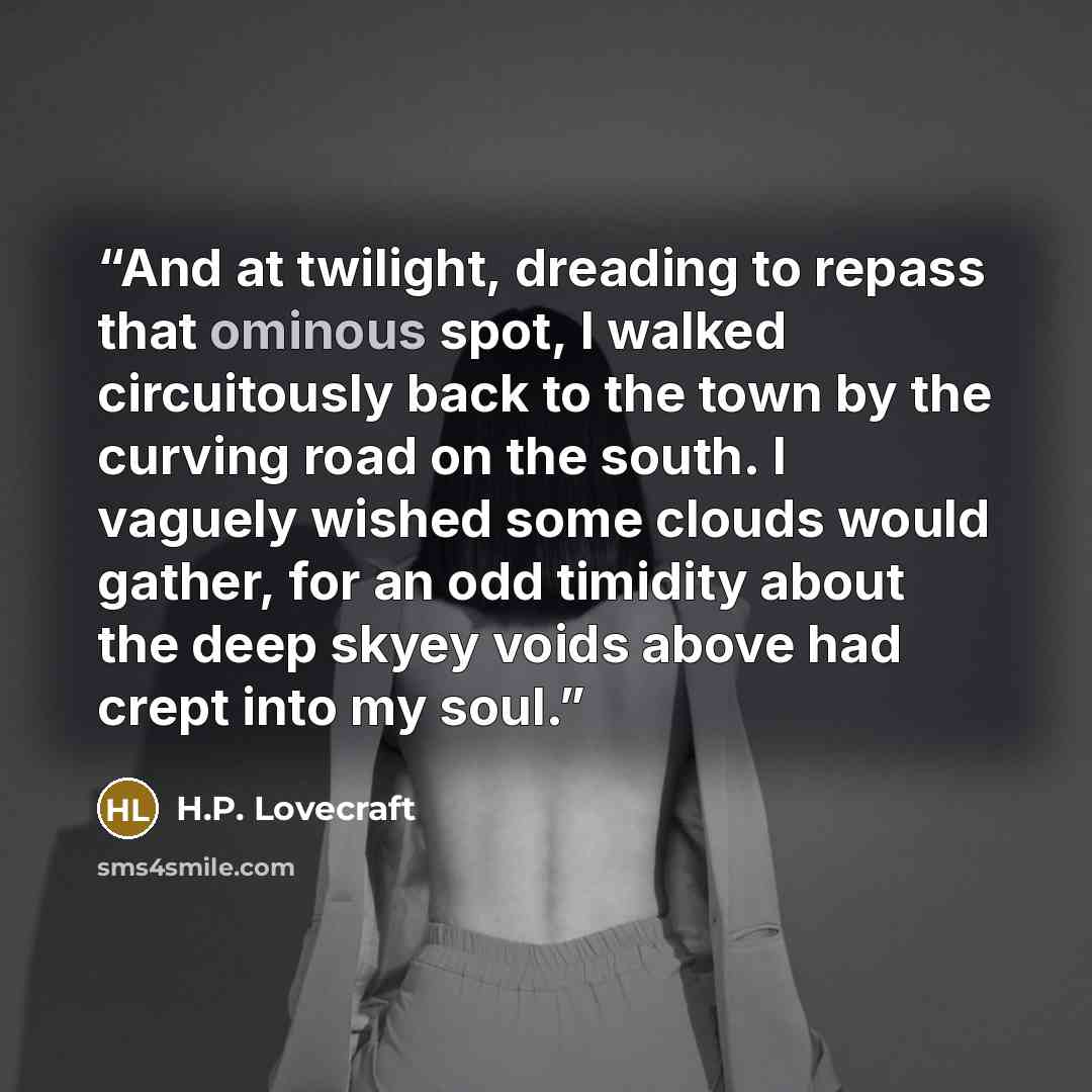 “And at twilight, dreading to repass that ominous spot, I walked circuitously back to the town by the curving road on the south. I vaguely wished some clouds would gather, for an odd timidity about the deep skyey voids above had crept into my soul.” quote by H.P. Lovecraft