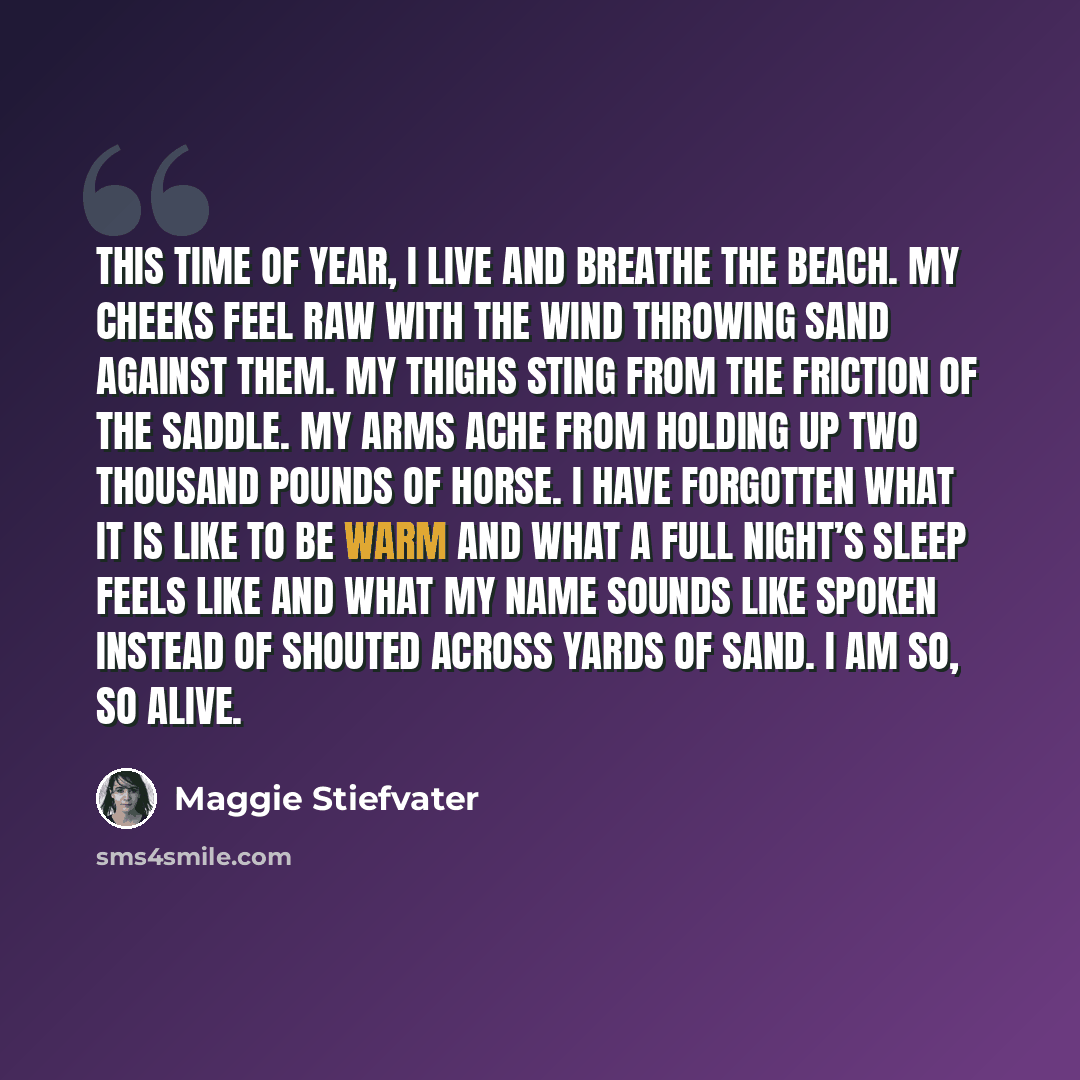 “This time of year, I live and breathe the beach. My cheeks feel raw with the wind throwing sand against them. My thighs sting from the friction of the saddle. My arms ache from holding up two thousand pounds of horse. I have forgotten what it is like to be warm and what a full night’s sleep feels…” quote by Maggie Stiefvater