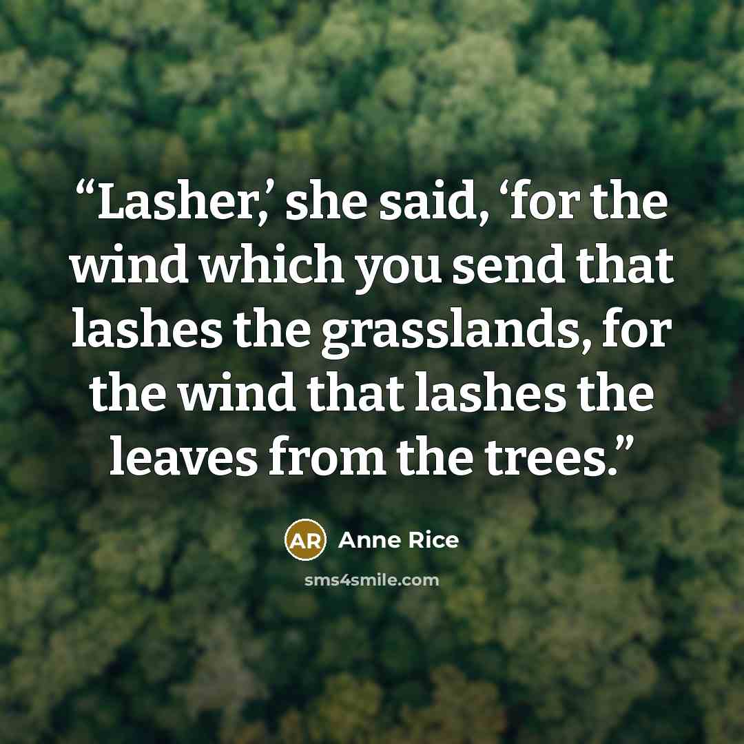 “Lasher,’ she said, ‘for the wind which you send that lashes the grasslands, for the wind that lashes the leaves from the trees.” quote by Anne Rice