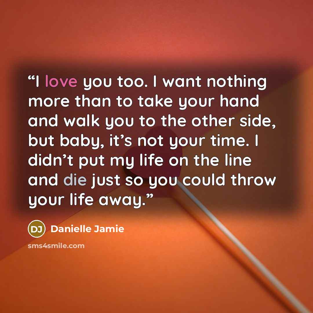“I love you too. I want nothing more than to take your hand and walk you to the other side, but baby, it’s not your time. I didn’t put my life on the line and die just so you could throw your life away.” quote by Danielle Jamie