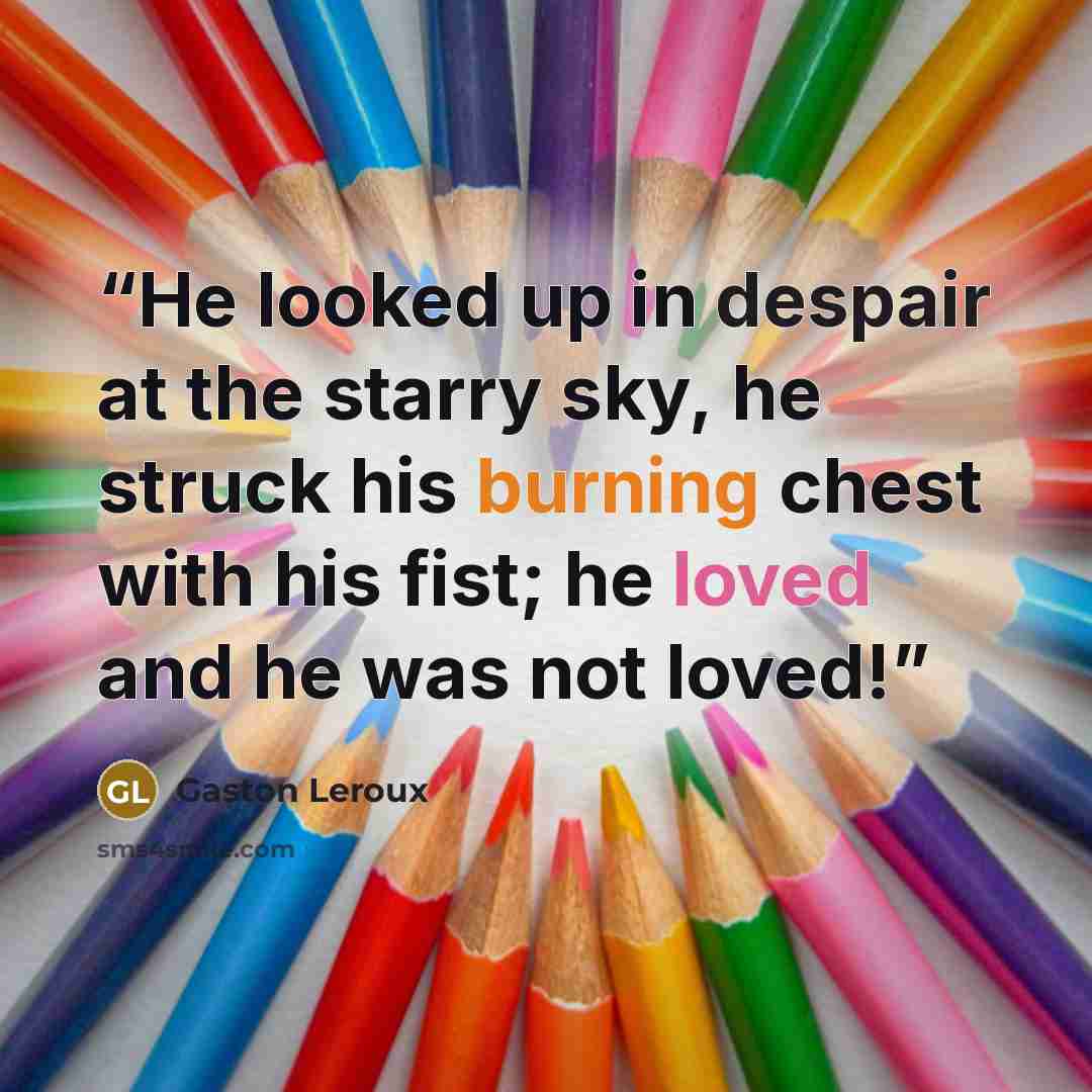 “He looked up in despair at the starry sky, he struck his burning chest with his fist; he loved and he was not loved!” quote by Gaston Leroux
