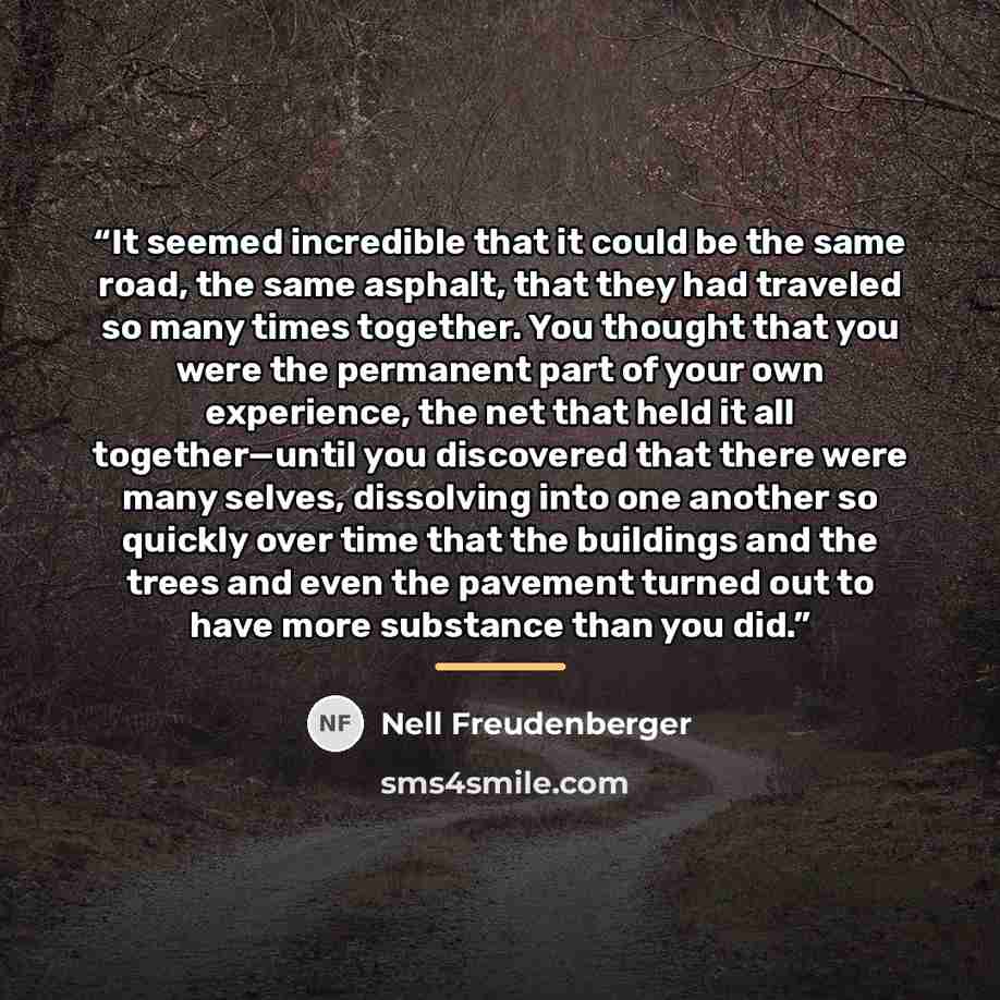 “It seemed incredible that it could be the same road, the same asphalt, that they had traveled so many times together. You thought that you were the permanent part of your own experience, the net that held it all together—until you discovered that there were many selves, dissolving into one another…” quote by Nell Freudenberger