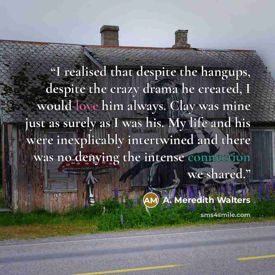 “I realised that despite the hangups, despite the crazy drama he created, I would love him always. Clay was mine just as surely as I was his. My life and his were inexplicably intertwined and there was no denying the intense connection we shared.” quote by A. Meredith Walters