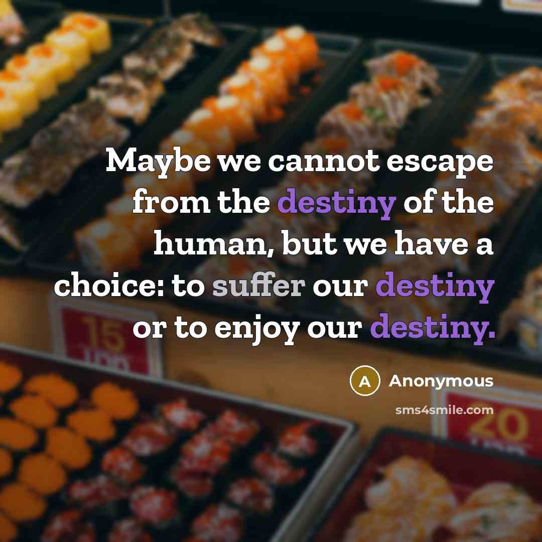“Maybe we cannot escape from the destiny of the human, but we have a choice: to suffer our destiny or to enjoy our destiny.” quote by Anonymous