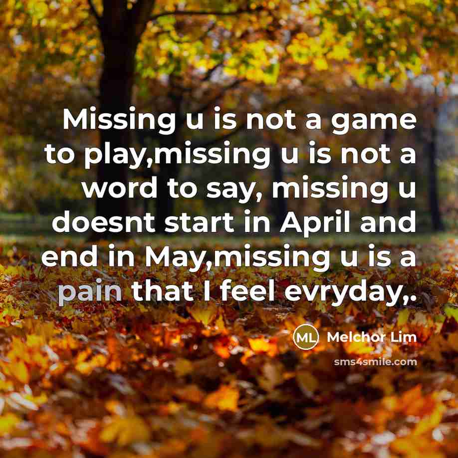 “Missing u is not a game to play,missing u is not a word to say, missing u doesnt start in April and end in May,missing u is a pain that I feel evryday,.” quote by Melchor Lim