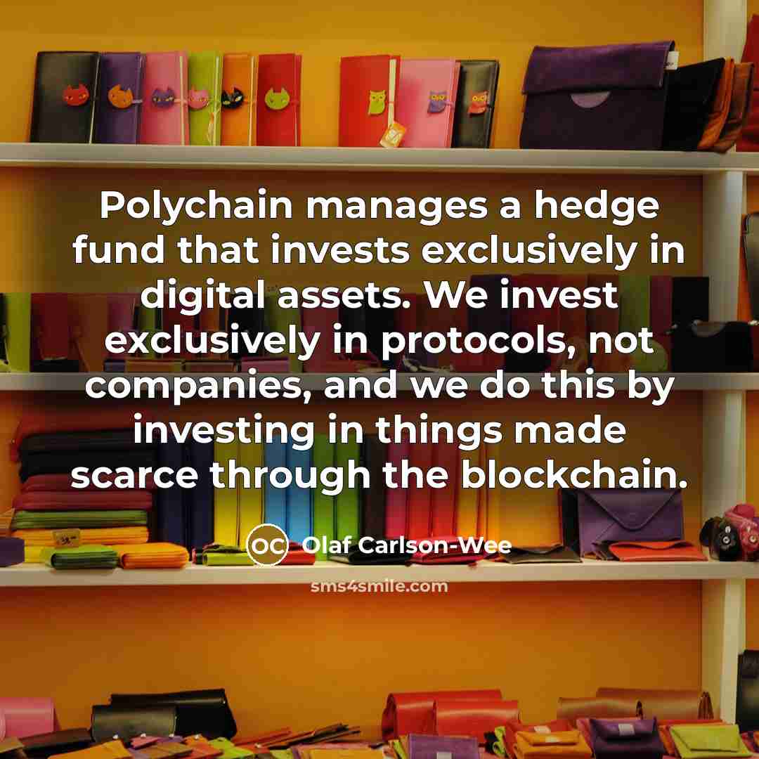 “Polychain manages a hedge fund that invests exclusively in digital assets. We invest exclusively in protocols, not companies, and we do this by investing in things made scarce through the blockchain.” quote by Olaf Carlson-Wee