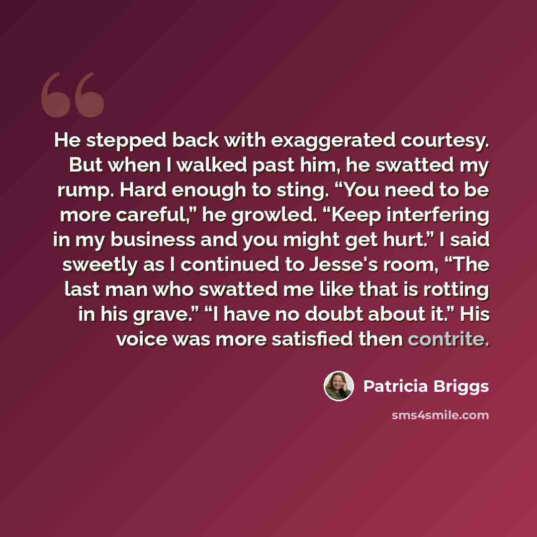 “He stepped back with exaggerated courtesy. But when I walked past him, he swatted my rump. Hard enough to sting. “You need to be more careful,” he growled. “Keep interfering in my business and you might get hurt.” I said sweetly as I continued to Jesse's room, “The last man who swatted me like…” quote by Patricia Briggs