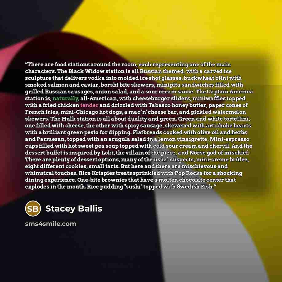 “There are food stations around the room, each representing one of the main characters. The Black Widow station is all Russian themed, with a carved ice sculpture that delivers vodka into molded ice shot glasses, buckwheat blini with smoked salmon and caviar, borsht bite skewers, minipita…” quote by Stacey Ballis