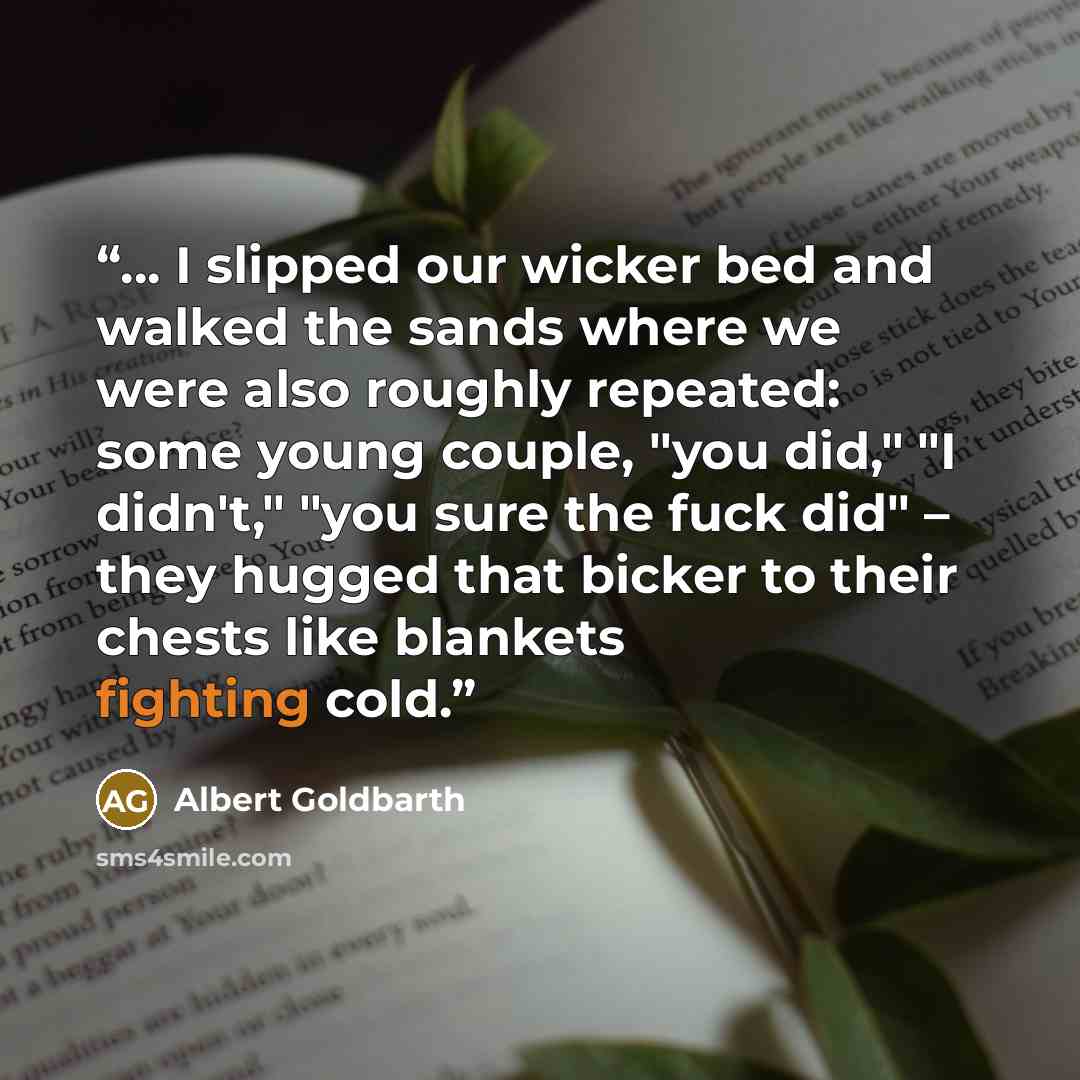 “... I slipped our wicker bed and walked the sands where we were also roughly repeated: some young couple, "you did," "I didn't," "you sure the fuck did" – they hugged that bicker to their chests like blankets fighting cold.” quote by Albert Goldbarth