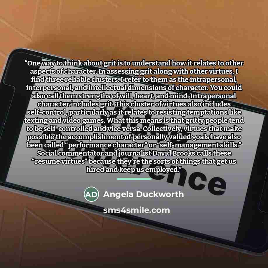 “One way to think about grit is to understand how it relates to other aspects of character. In assessing grit along with other virtues, I find three reliable clusters. I refer to them as the intrapersonal, interpersonal, and intellectual dimensions of character. You could also call them strengths…” quote by Angela Duckworth