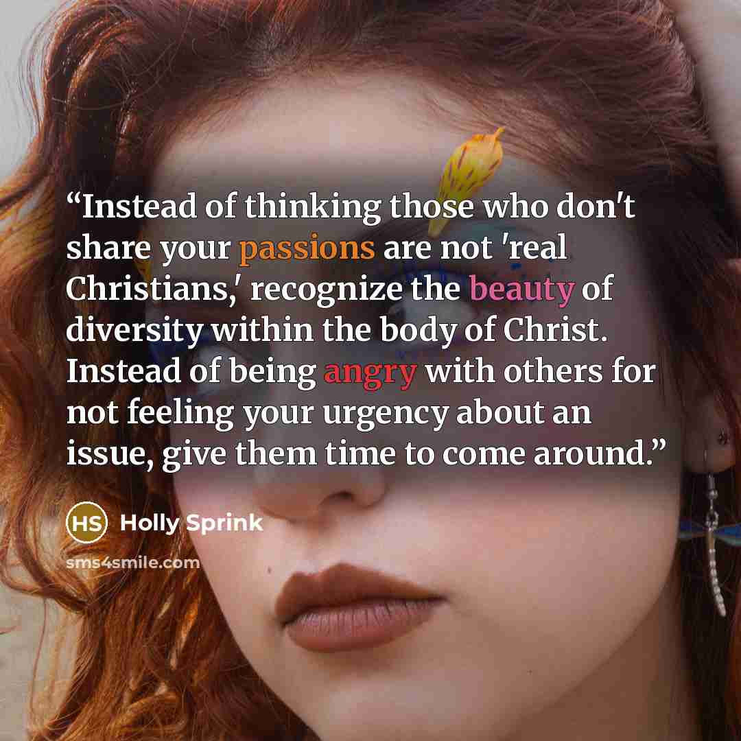 “Instead of thinking those who don't share your passions are not 'real Christians,' recognize the beauty of diversity within the body of Christ. Instead of being angry with others for not feeling your urgency about an issue, give them time to come around.” quote by Holly Sprink
