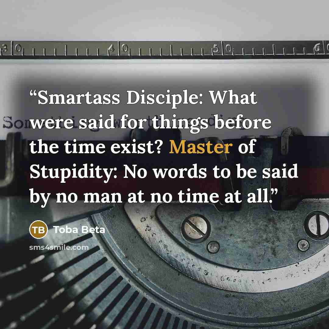 “Smartass Disciple: What were said for things before the time exist? Master of Stupidity: No words to be said by no man at no time at all.” quote by Toba Beta