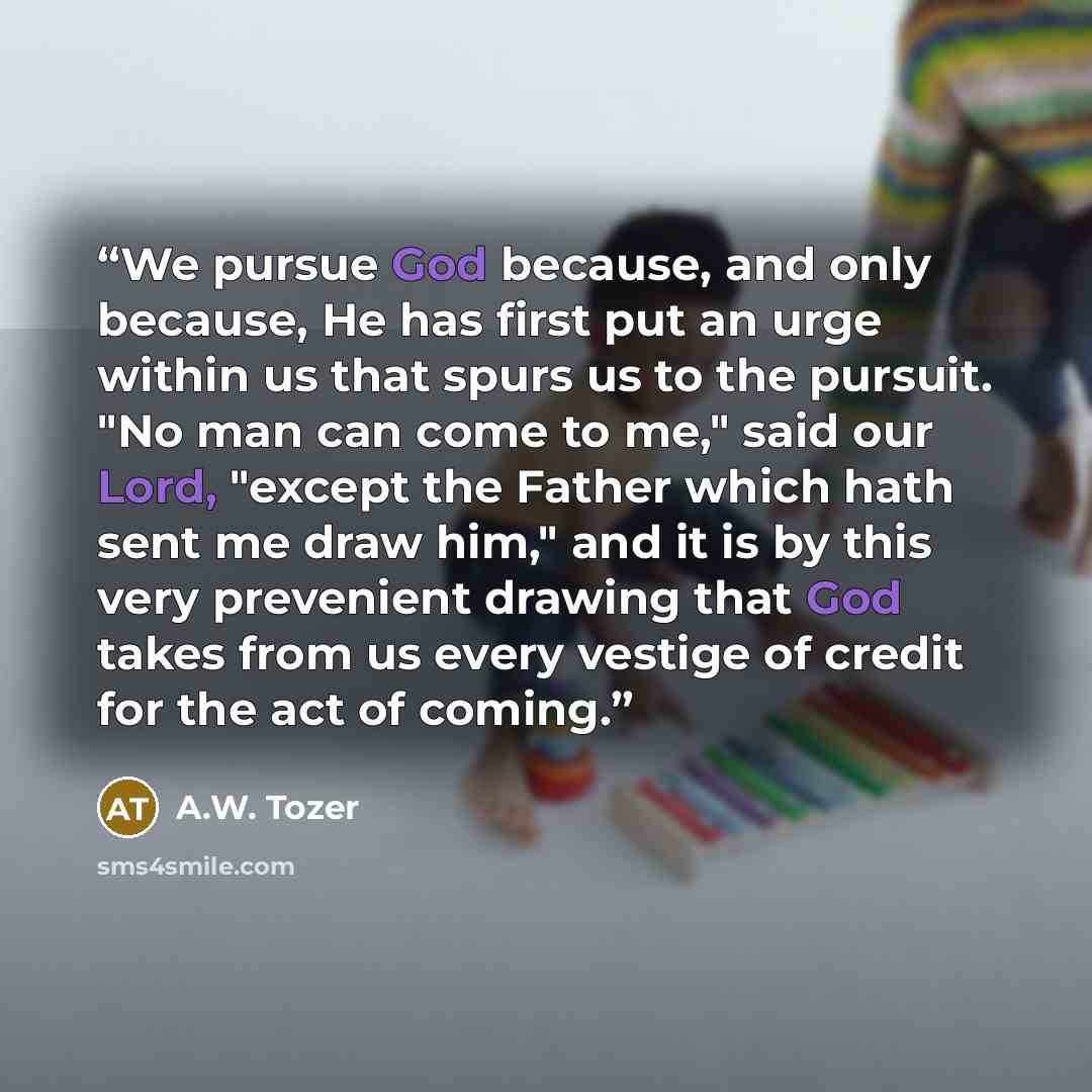 “We pursue God because, and only because, He has first put an urge within us that spurs us to the pursuit. "No man can come to me," said our Lord, "except the Father which hath sent me draw him," and it is by this very prevenient drawing that God takes from us every vestige of credit for the act of…” quote by A.W. Tozer