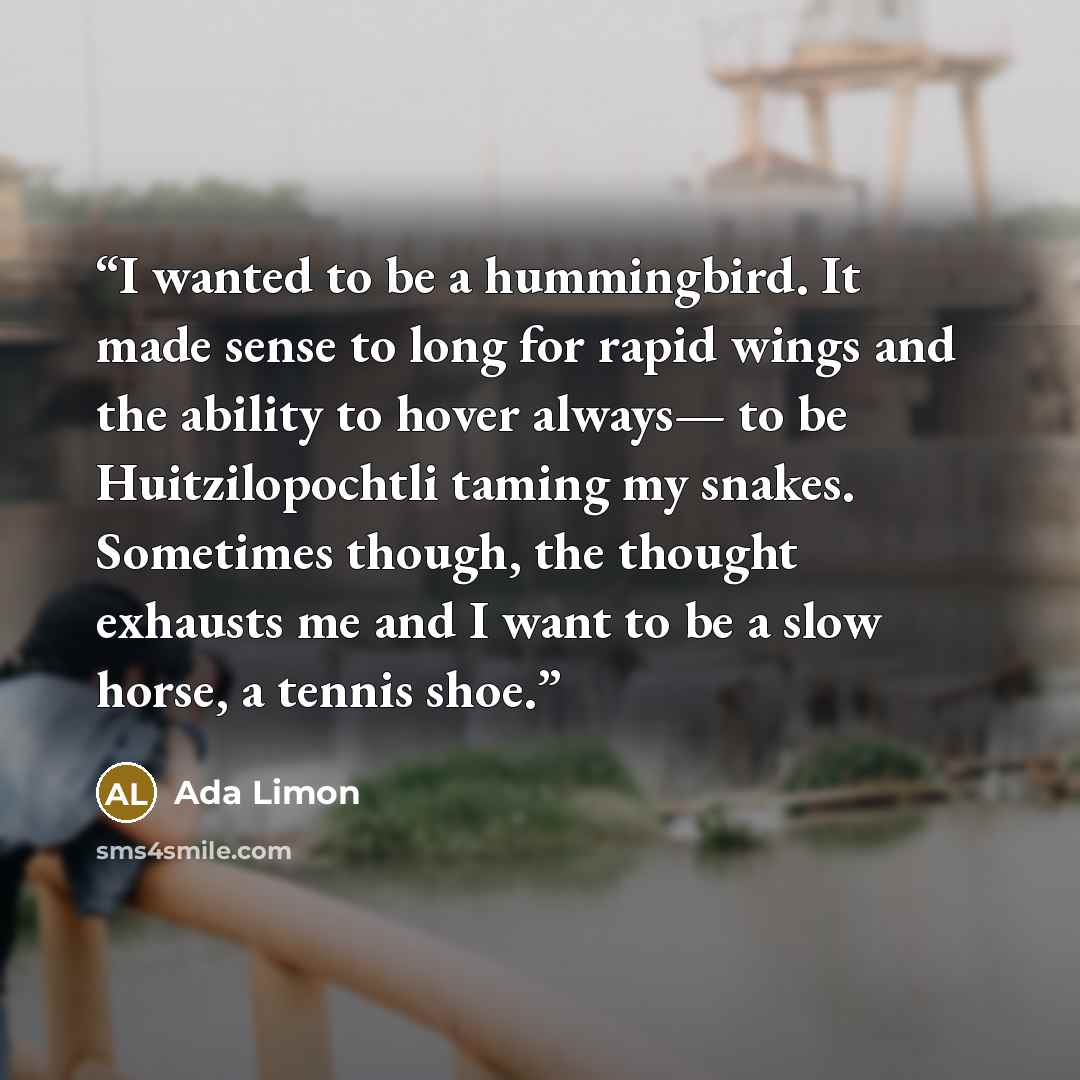 “I wanted to be a hummingbird. It made sense to long for rapid wings and the ability to hover always— to be Huitzilopochtli taming my snakes. Sometimes though, the thought exhausts me and I want to be a slow horse, a tennis shoe.” quote by Ada Limon