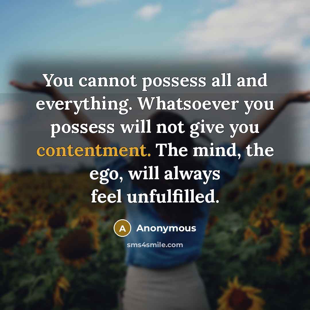 “You cannot possess all and everything. Whatsoever you possess will not give you contentment. The mind, the ego, will always feel unfulfilled.” quote by Anonymous