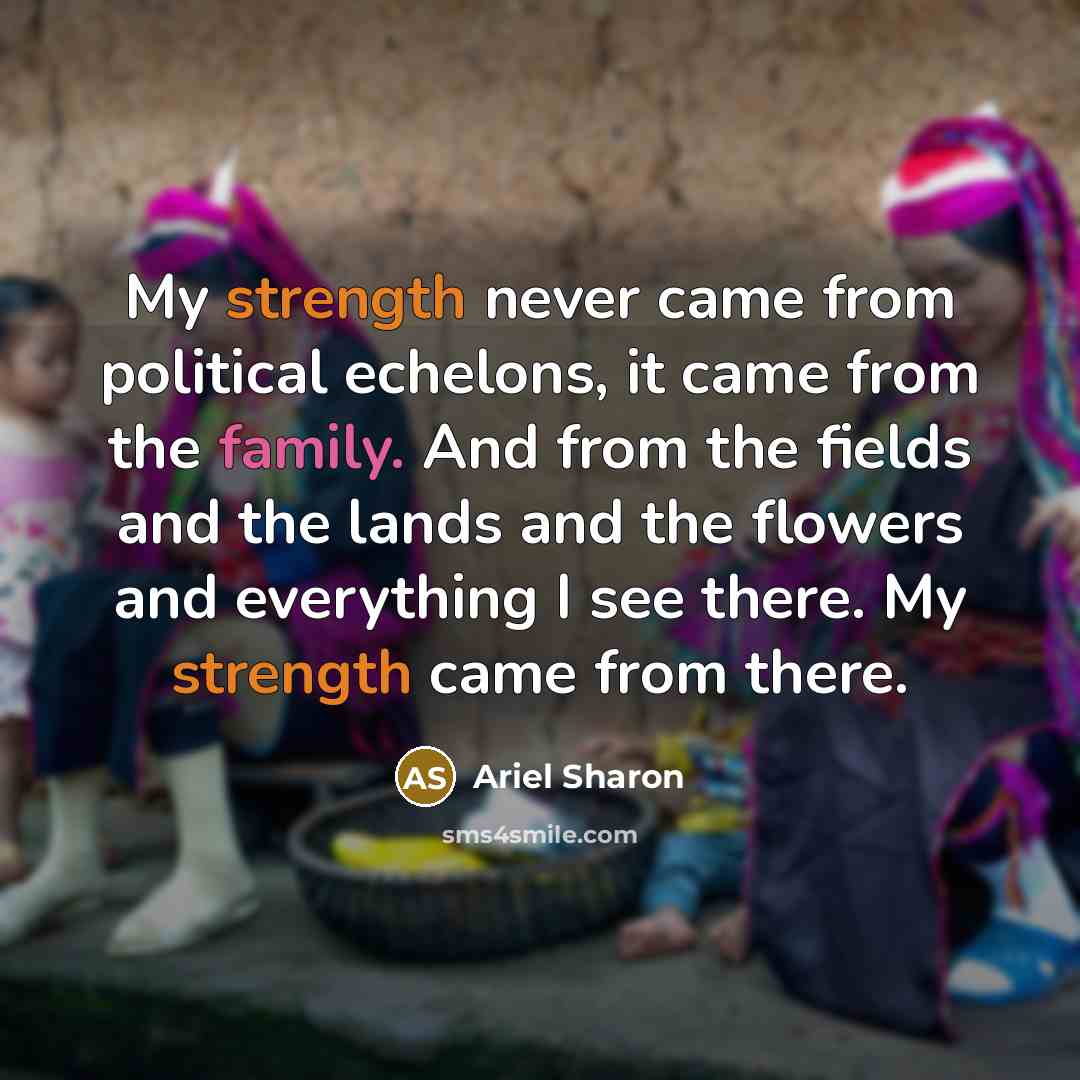 “My strength never came from political echelons, it came from the family. And from the fields and the lands and the flowers and everything I see there. My strength came from there.” quote by Ariel Sharon