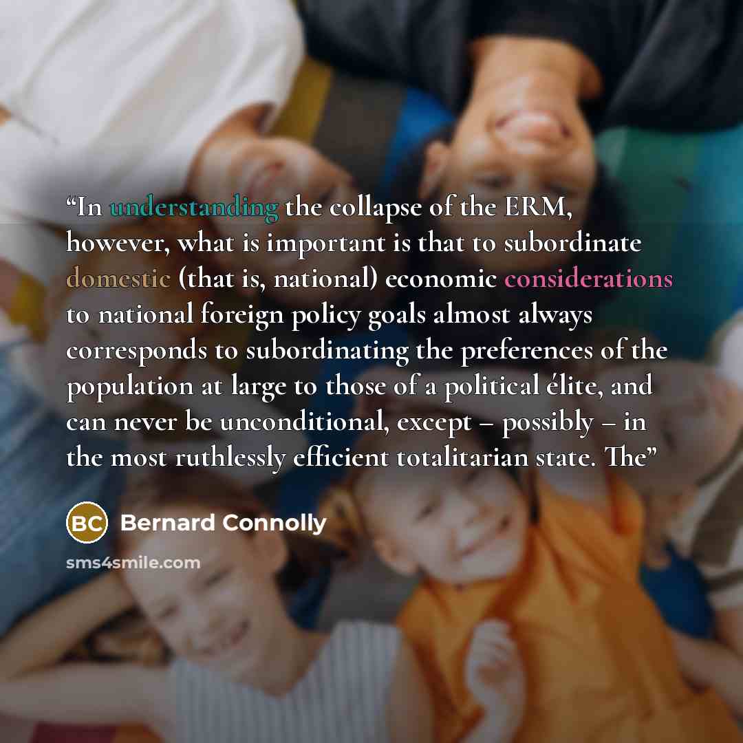 “In understanding the collapse of the ERM, however, what is important is that to subordinate domestic (that is, national) economic considerations to national foreign policy goals almost always corresponds to subordinating the preferences of the population at large to those of a political élite, and…” quote by Bernard Connolly