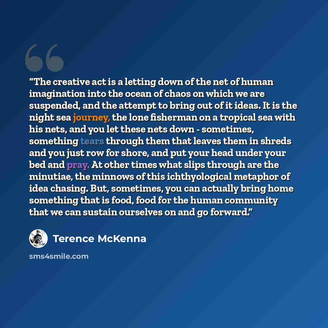 “The creative act is a letting down of the net of human imagination into the ocean of chaos on which we are suspended, and the attempt to bring out of it ideas. It is the night sea journey, the lone fisherman on a tropical sea with his nets, and you let these nets down - sometimes, something tears…” quote by Terence McKenna