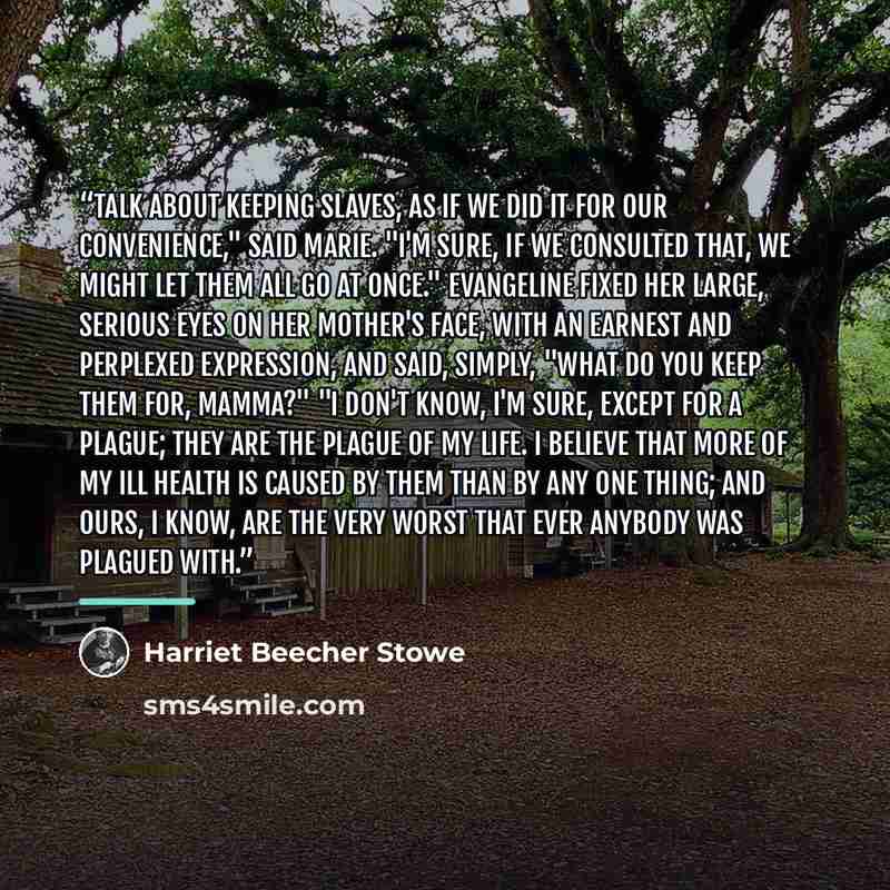 “Talk about keeping slaves, as if we did it for our convenience," said Marie. "I'm sure, if we consulted that, we might let them all go at once." Evangeline fixed her large, serious eyes on her mother's face, with an earnest and perplexed expression, and said, simply, "What do you keep them for…” quote by Harriet Beecher Stowe
