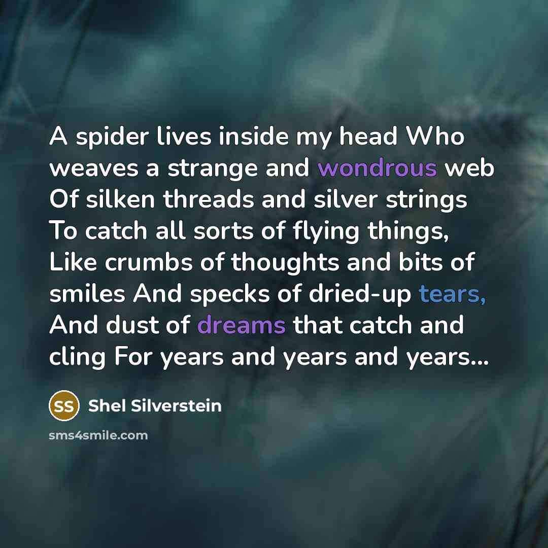 “A spider lives inside my head Who weaves a strange and wondrous web Of silken threads and silver strings To catch all sorts of flying things, Like crumbs of thoughts and bits of smiles And specks of dried-up tears, And dust of dreams that catch and cling For years and years and years...” quote by Shel Silverstein