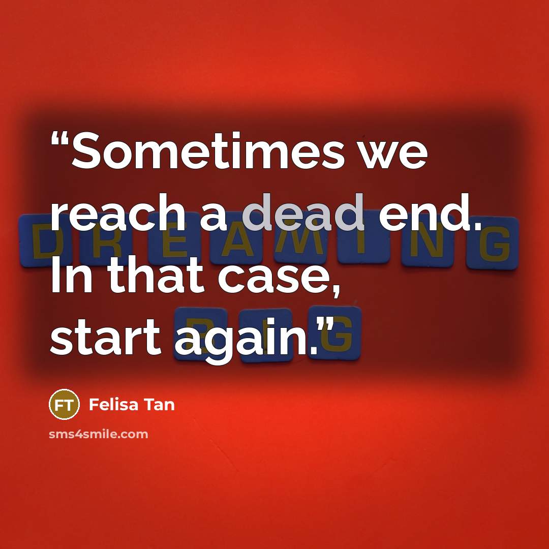 “Sometimes we reach a dead end. In that case, start again.” quote by Felisa Tan