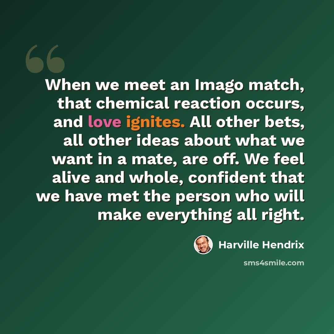 “When we meet an Imago match, that chemical reaction occurs, and love ignites. All other bets, all other ideas about what we want in a mate, are off. We feel alive and whole, confident that we have met the person who will make everything all right.” quote by Harville Hendrix