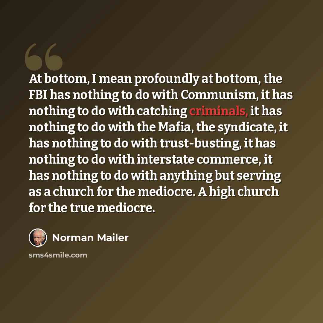 “At bottom, I mean profoundly at bottom, the FBI has nothing to do with Communism, it has nothing to do with catching criminals, it has nothing to do with the Mafia, the syndicate, it has nothing to do with trust-busting, it has nothing to do with interstate commerce, it has nothing to do with…” quote by Norman Mailer