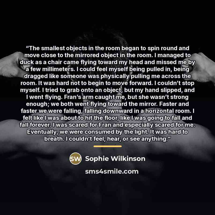 “The smallest objects in the room began to spin round and move close to the mirrored object in the room. I managed to duck as a chair came flying toward my head and missed me by a few millimeters. I could feel myself being pulled in, being dragged like someone was physically pulling me across the…” quote by Sophie Wilkinson