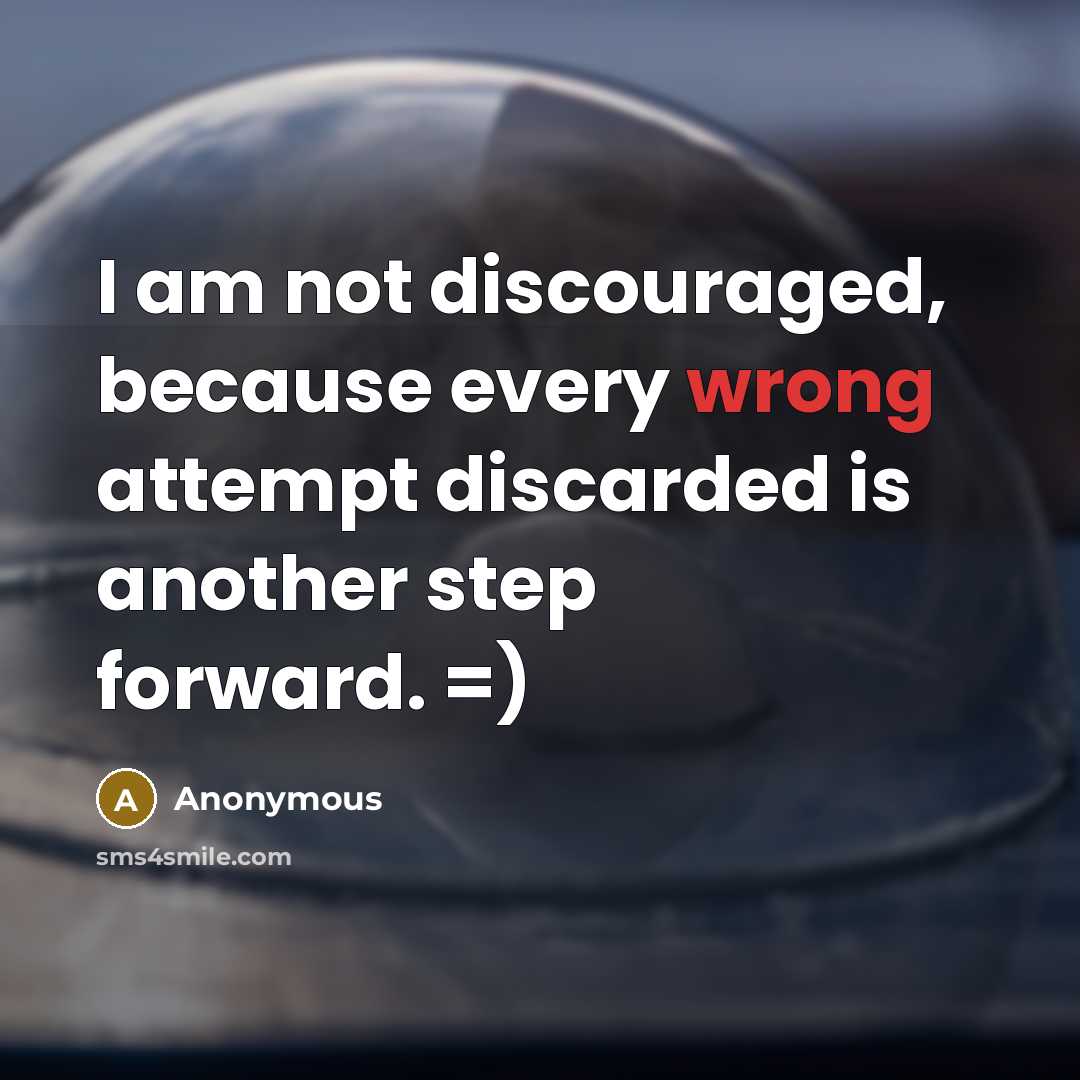 “I am not discouraged, because every wrong attempt discarded is another step forward. =)” quote by Anonymous