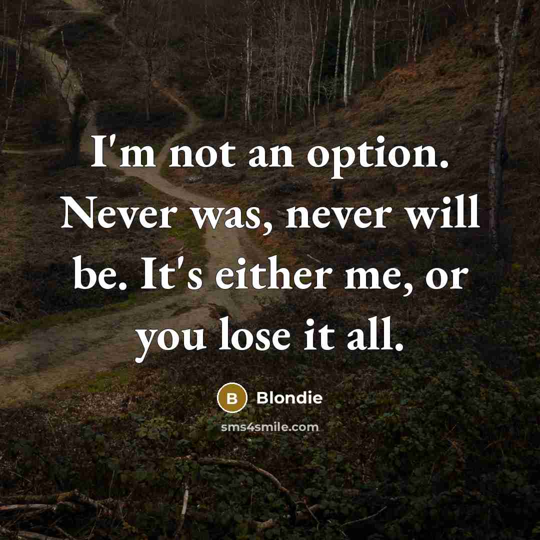 “I'm not an option. Never was, never will be. It's either me, or you lose it all.” quote by Blondie