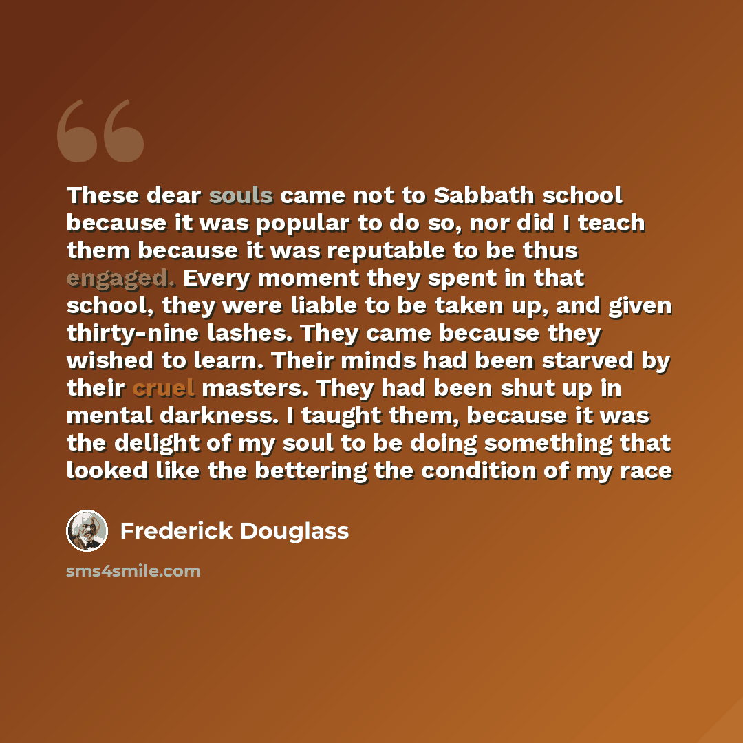 “These dear souls came not to Sabbath school because it was popular to do so, nor did I teach them because it was reputable to be thus engaged. Every moment they spent in that school, they were liable to be taken up, and given thirty-nine lashes. They came because they wished to learn. Their minds…” quote by Frederick Douglass