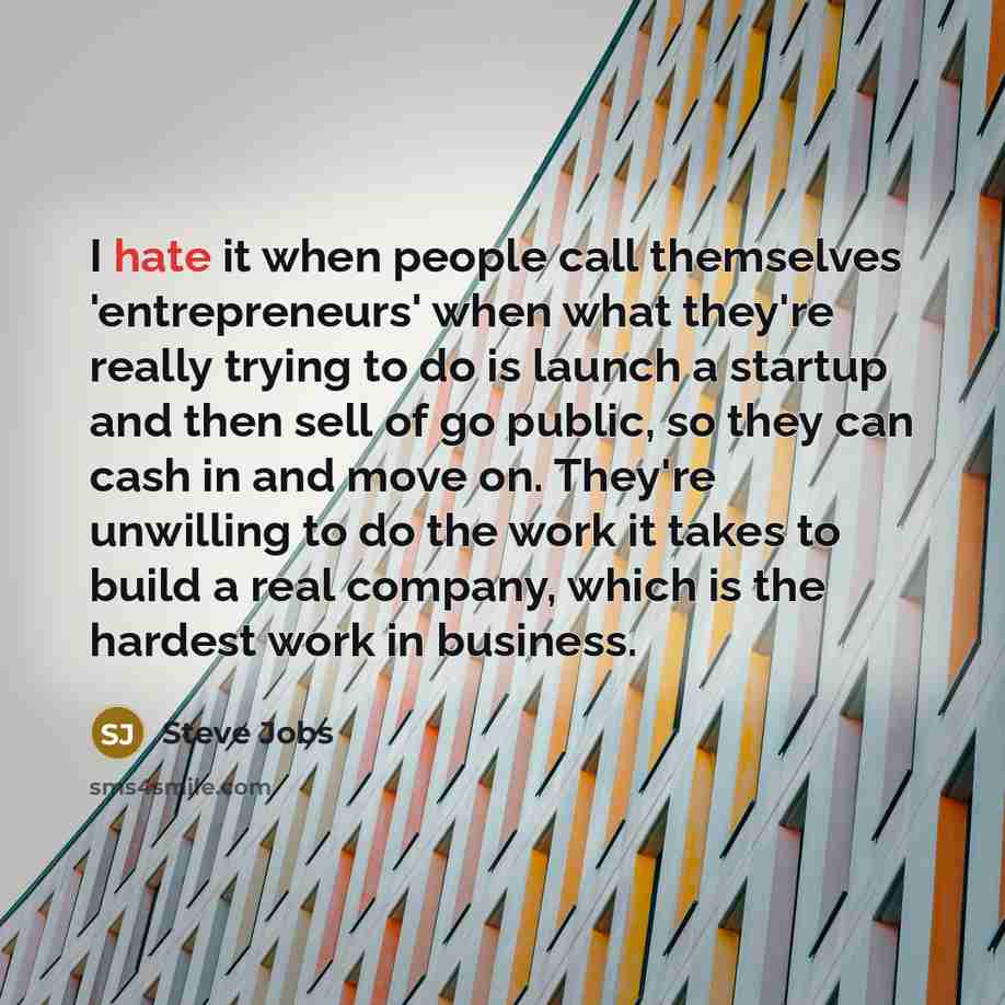 “I hate it when people call themselves 'entrepreneurs' when what they're really trying to do is launch a startup and then sell of go public, so they can cash in and move on. They're unwilling to do the work it takes to build a real company, which is the hardest work in business.” quote by Steve Jobs