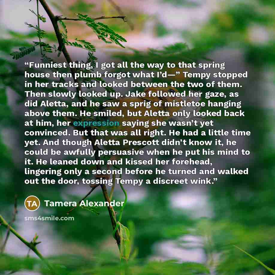 “Funniest thing, I got all the way to that spring house then plumb forgot what I’d—” Tempy stopped in her tracks and looked between the two of them. Then slowly looked up. Jake followed her gaze, as did Aletta, and he saw a sprig of mistletoe hanging above them. He smiled, but Aletta only looked…” quote by Tamera Alexander