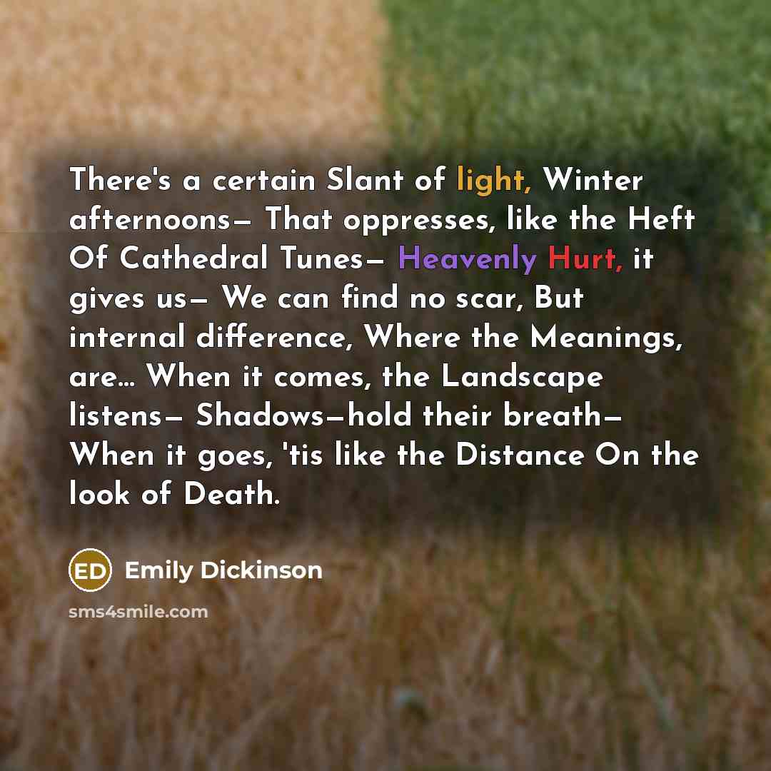 “There's a certain Slant of light, Winter afternoons— That oppresses, like the Heft Of Cathedral Tunes— Heavenly Hurt, it gives us— We can find no scar, But internal difference, Where the Meanings, are… When it comes, the Landscape listens— Shadows—hold their breath— When it goes, 'tis like the…” quote by Emily Dickinson