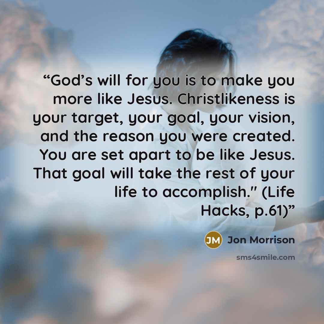 “God’s will for you is to make you more like Jesus. Christlikeness is your target, your goal, your vision, and the reason you were created. You are set apart to be like Jesus. That goal will take the rest of your life to accomplish." (Life Hacks, p.61)” quote by Jon Morrison