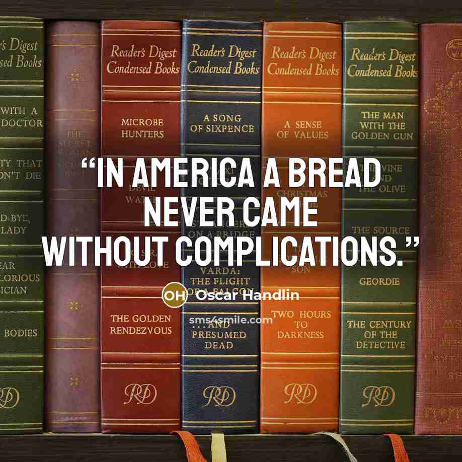 “In America a bread never came without complications.” quote by Oscar Handlin
