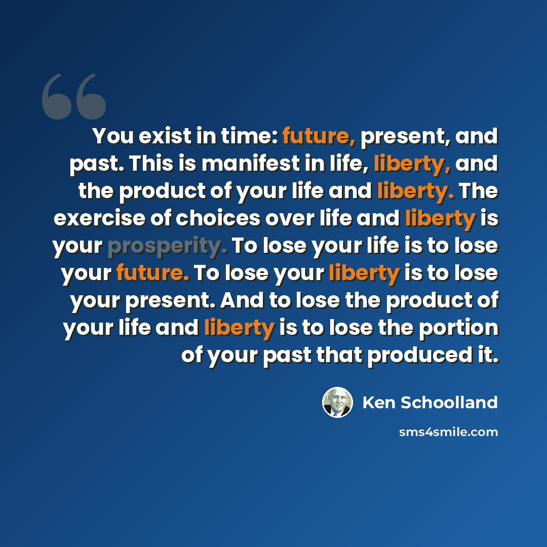 “You exist in time: future, present, and past. This is manifest in life, liberty, and the product of your life and liberty. The exercise of choices over life and liberty is your prosperity. To lose your life is to lose your future. To lose your liberty is to lose your present. And to lose the…” quote by Ken Schoolland