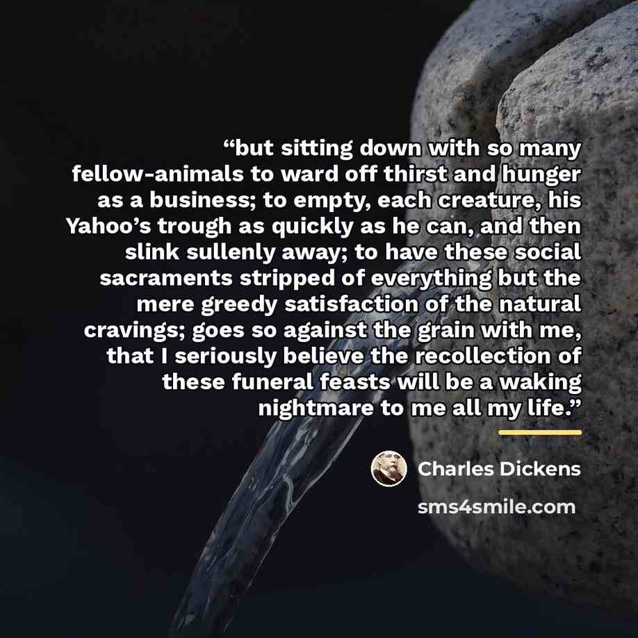 “but sitting down with so many fellow-animals to ward off thirst and hunger as a business; to empty, each creature, his Yahoo’s trough as quickly as he can, and then slink sullenly away; to have these social sacraments stripped of everything but the mere greedy satisfaction of the natural cravings…” quote by Charles Dickens