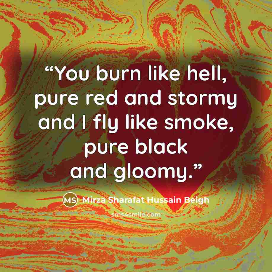 “You burn like hell, pure red and stormy and I fly like smoke, pure black and gloomy.” quote by Mirza Sharafat Hussain Beigh