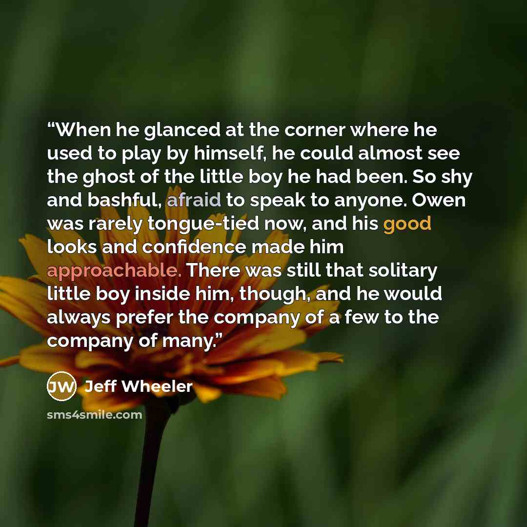 “When he glanced at the corner where he used to play by himself, he could almost see the ghost of the little boy he had been. So shy and bashful, afraid to speak to anyone. Owen was rarely tongue-tied now, and his good looks and confidence made him approachable. There was still that solitary little…” quote by Jeff Wheeler